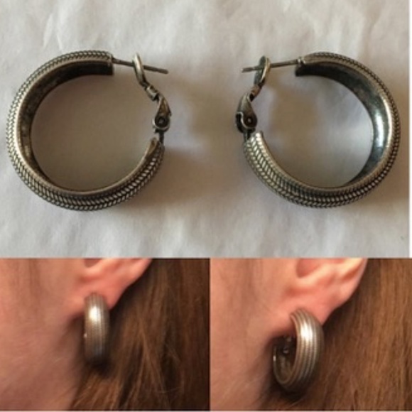 Vintage 1990's Textured Pewter Silver Hoop Earrings with Hinge Backs - Picture 1 of 11